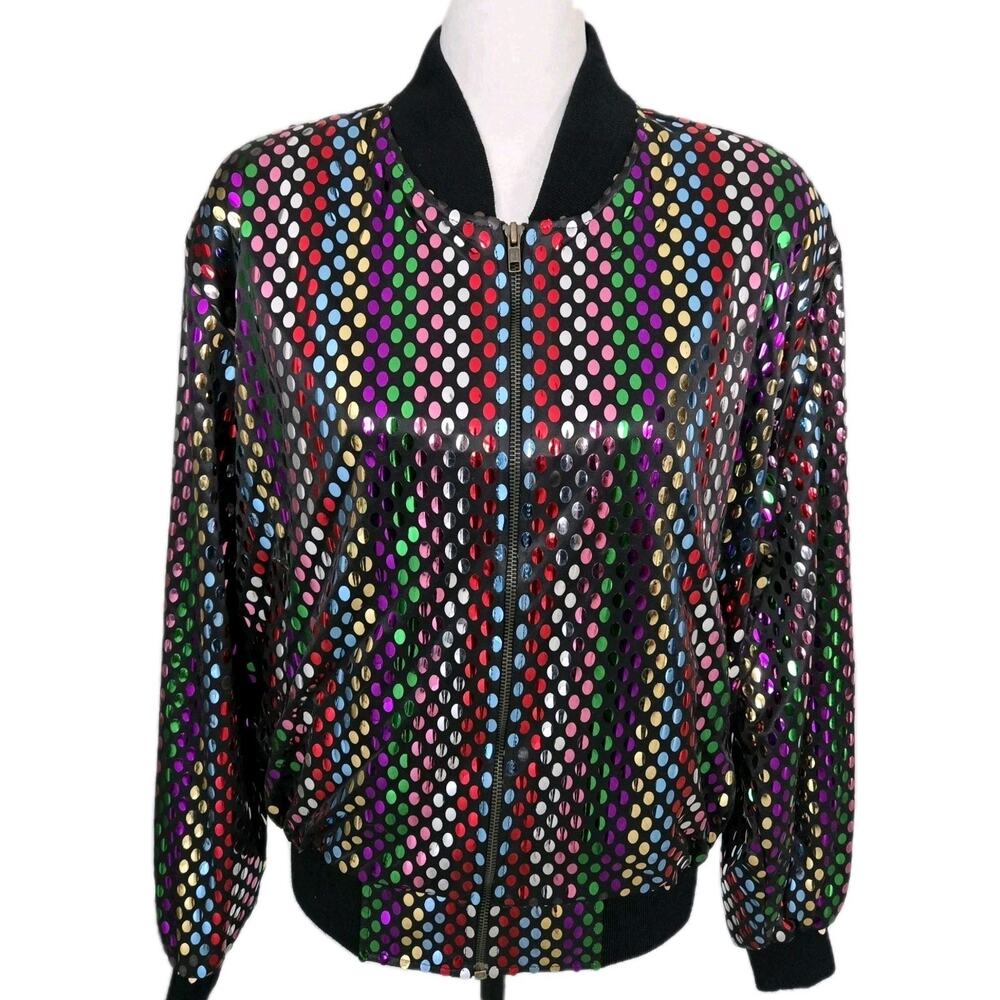 Vintage 80s Rainbow Sequin Monaliza Bomber Jacket Sz L